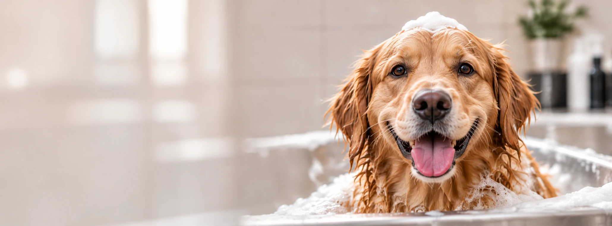 Illustration — Golden retriever pendant un bain au salon