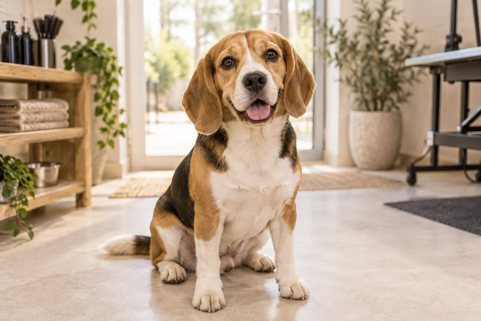 Illustration — Beagle accueillant près de l’entrée d’un salon