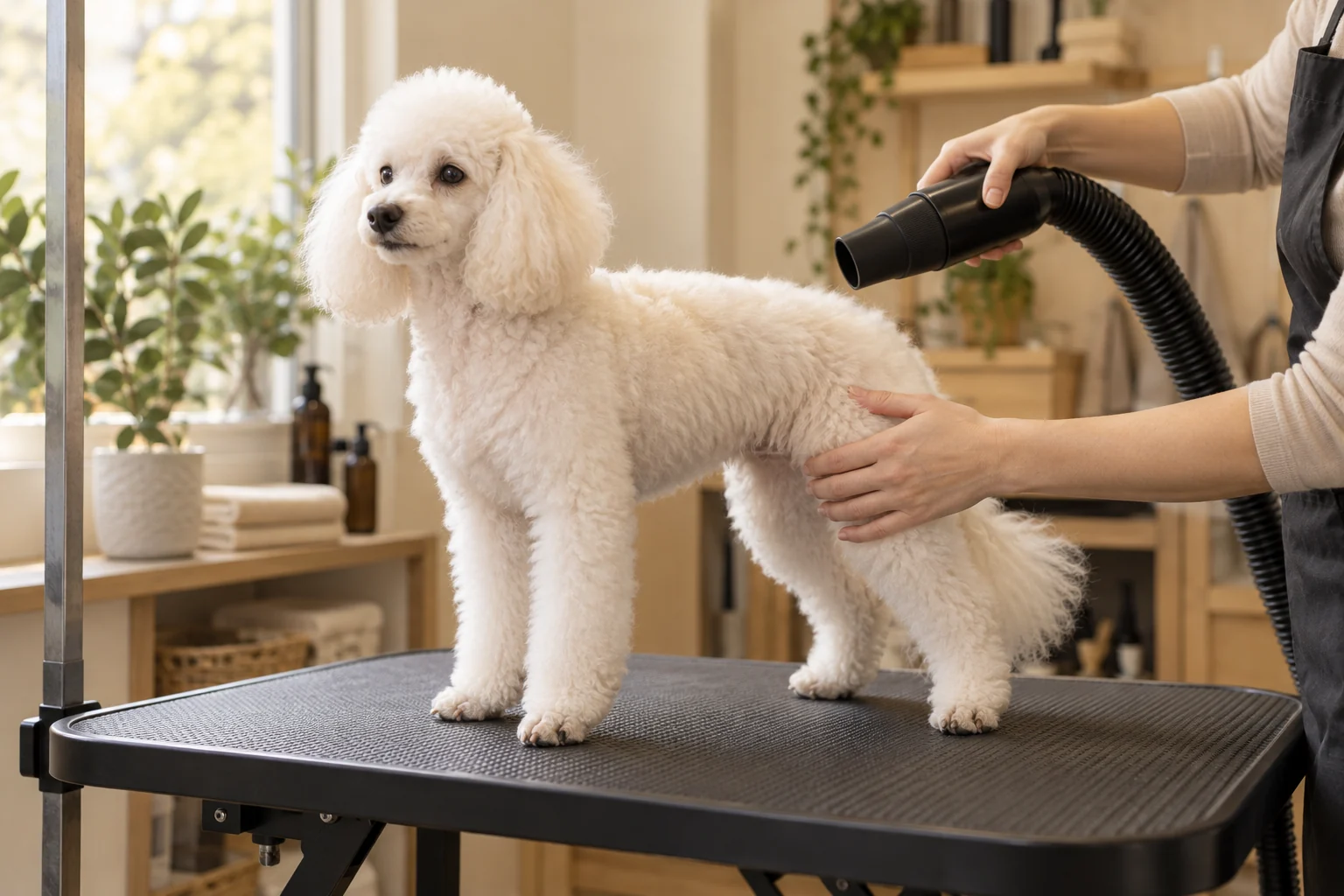 Illustration — Séchage doux du pelage d’un caniche blanc