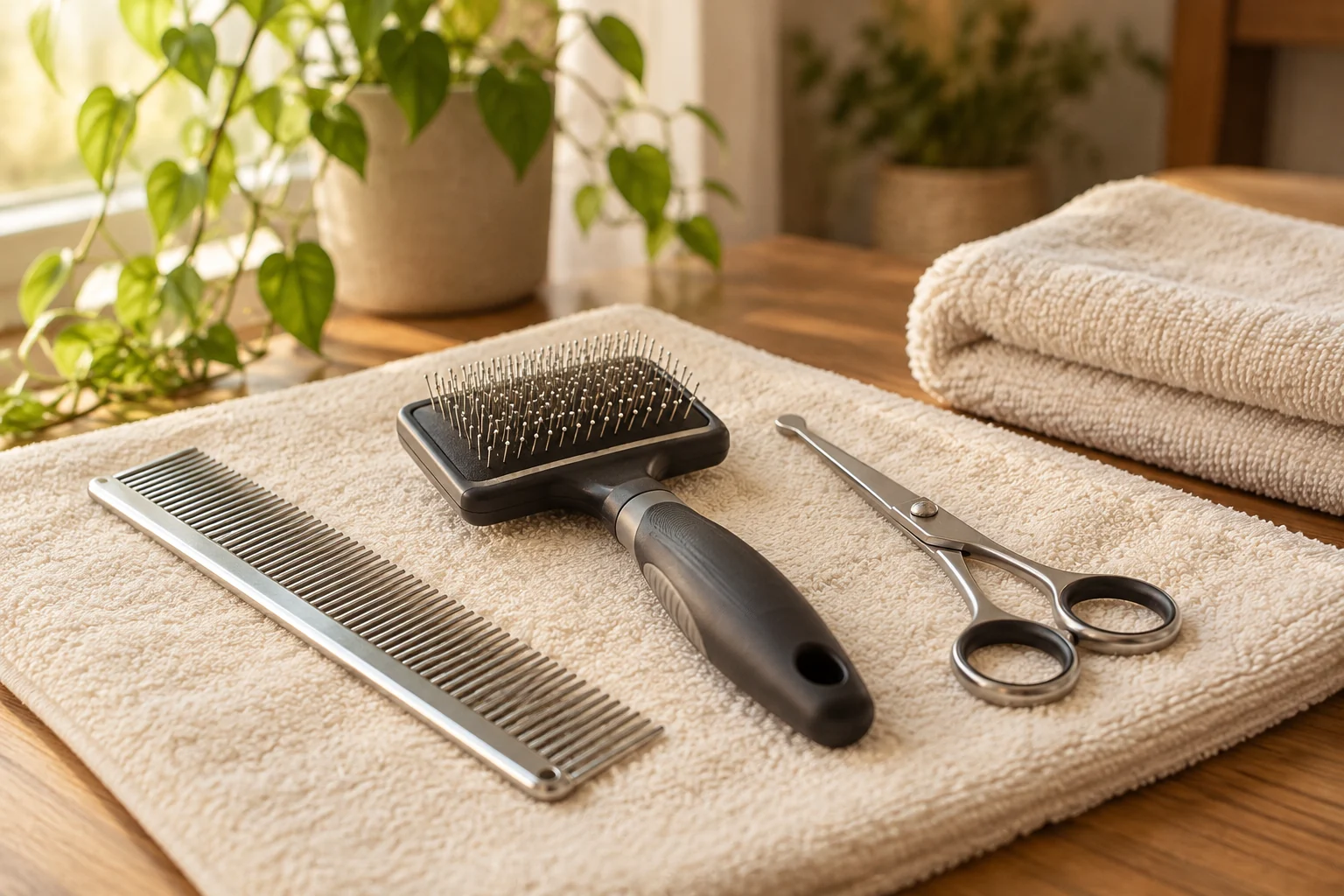 Illustration — Brosses, peigne et accessoires de toilettage sur une serviette